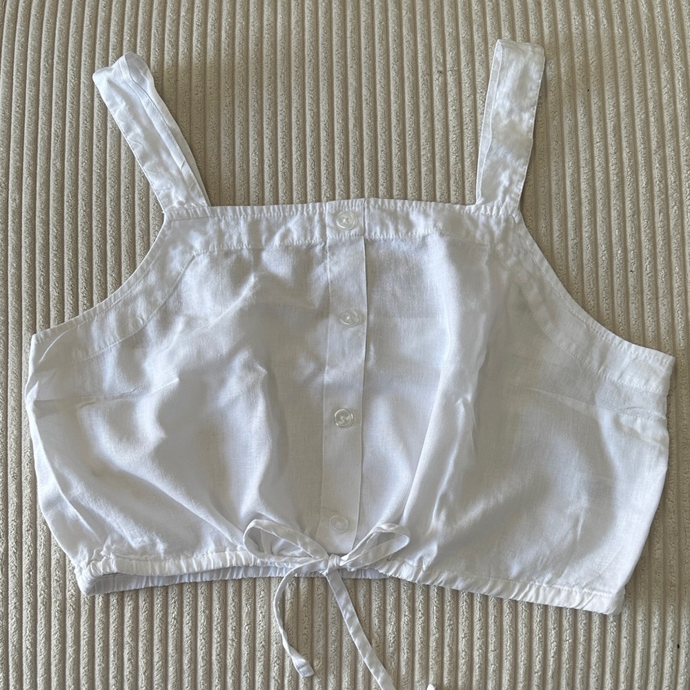 Linen- Blend White Button-Front Crop Top Adjustable Waistline By A New Day
